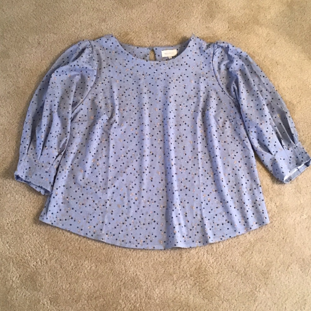 Melloday Blouse, Size 3X, Light blue with green/yellow/cream print